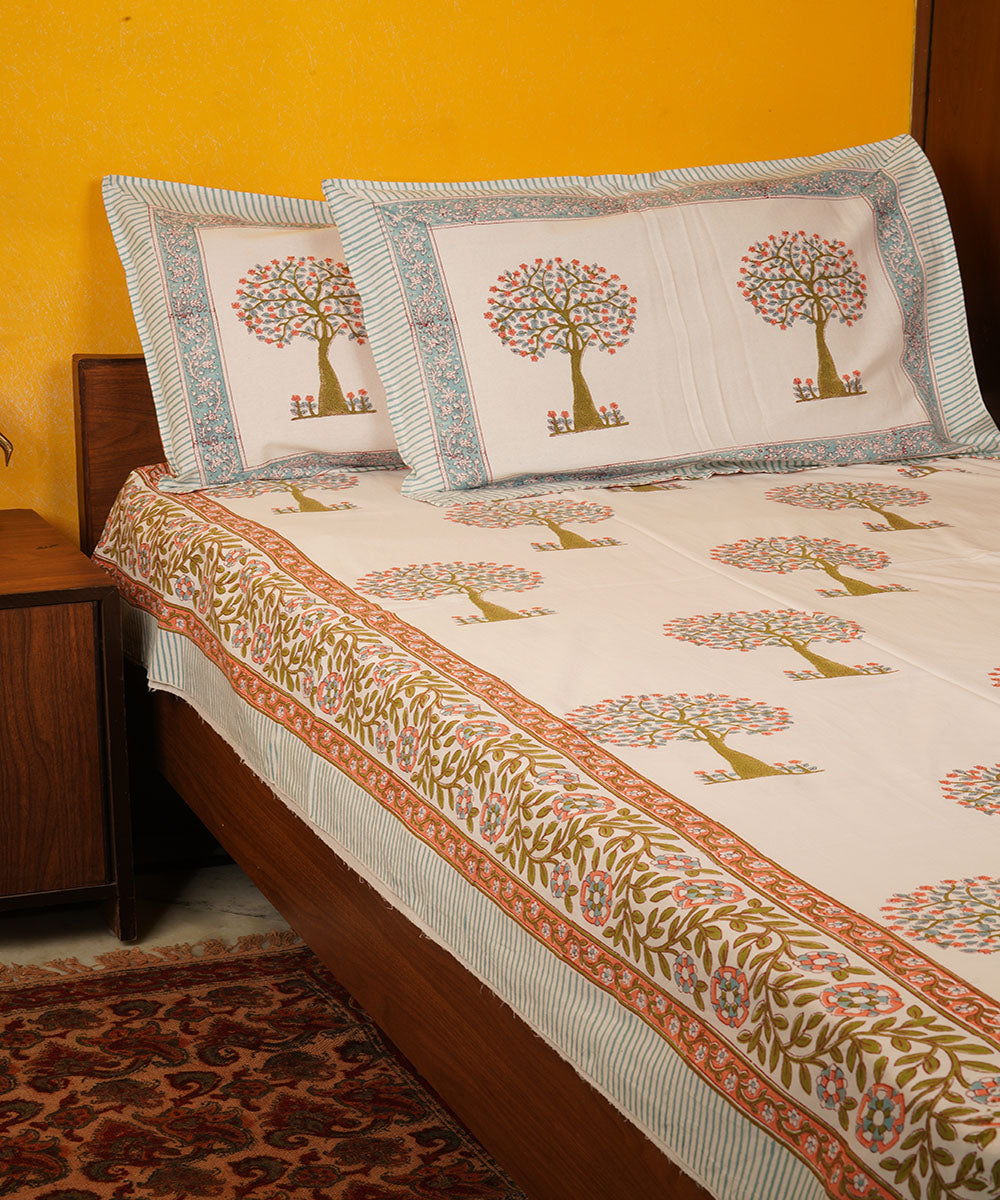 White brown hand block print cotton bedsheet