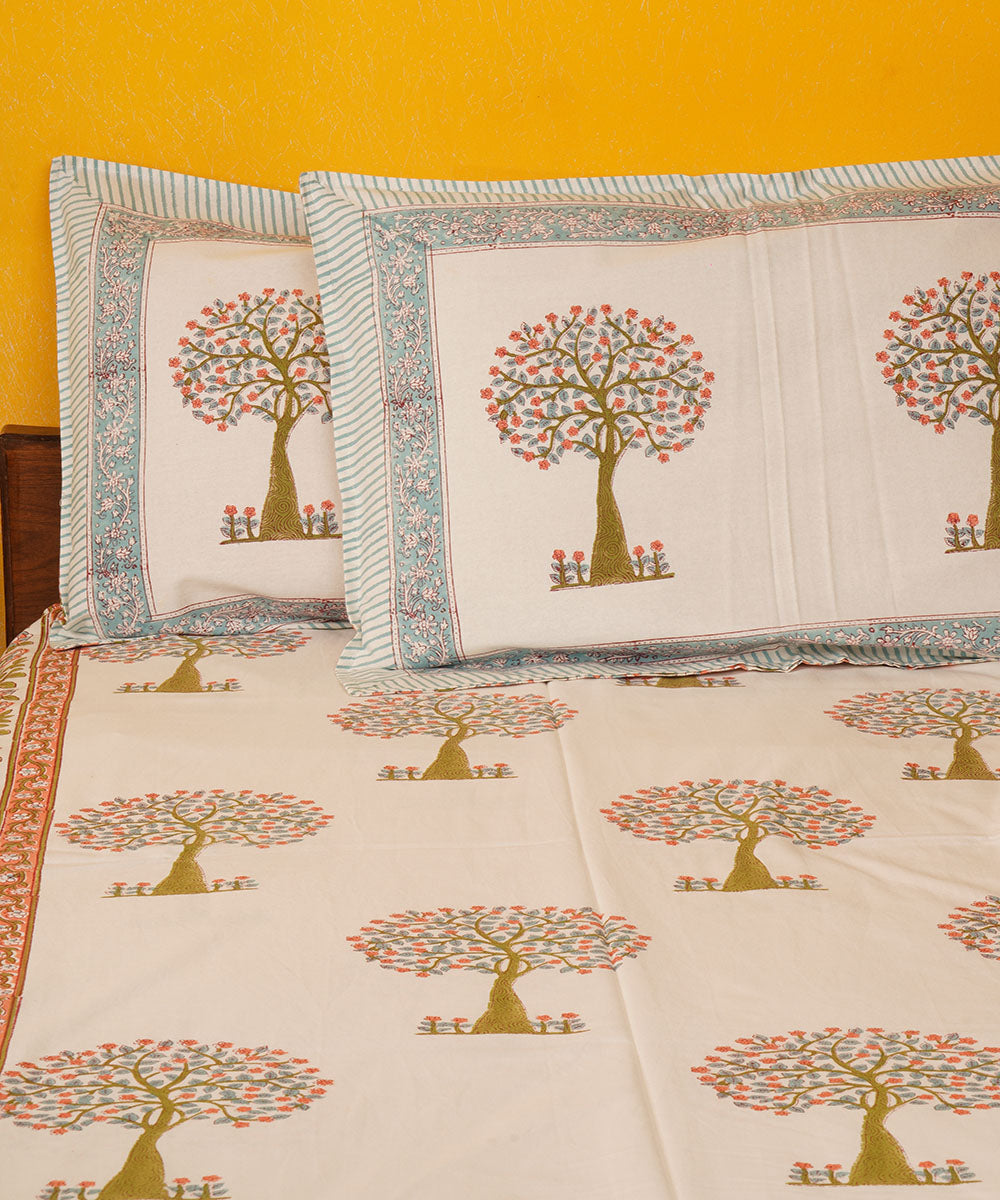 White brown hand block print cotton bedsheet