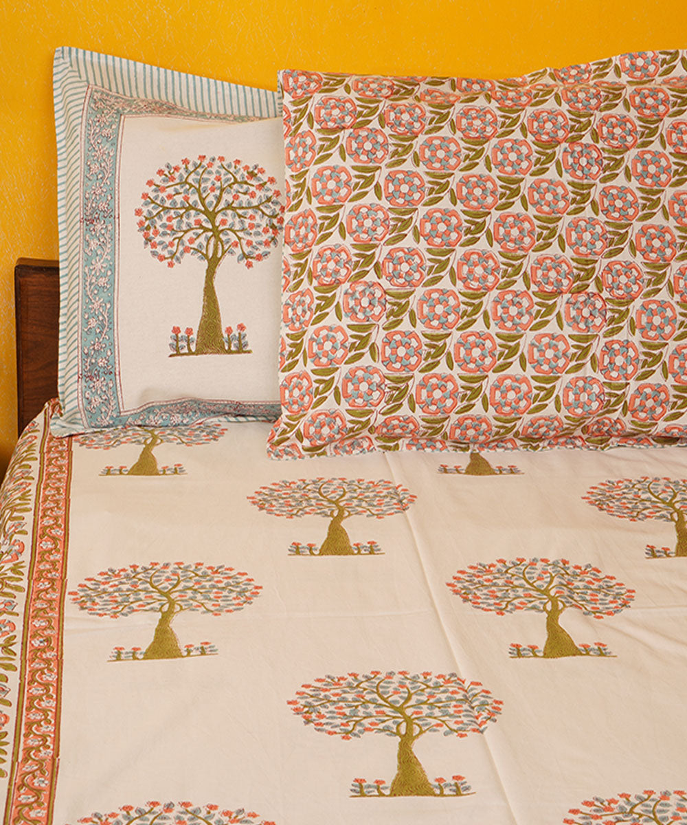 White brown hand block print cotton bedsheet