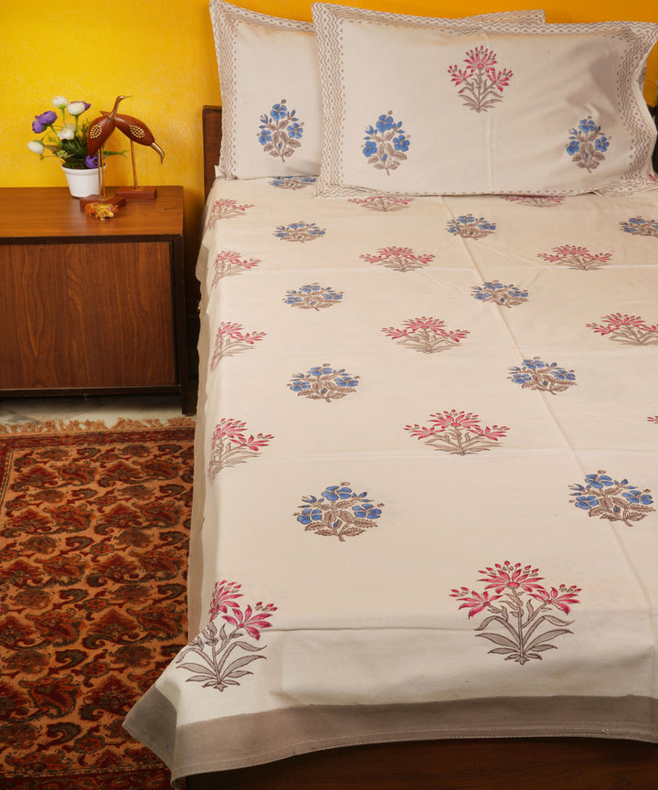 White multicolor hand block print cotton bedsheet