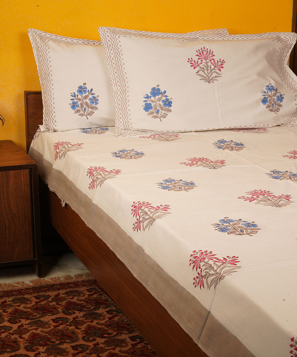 White multicolor hand block print cotton bedsheet