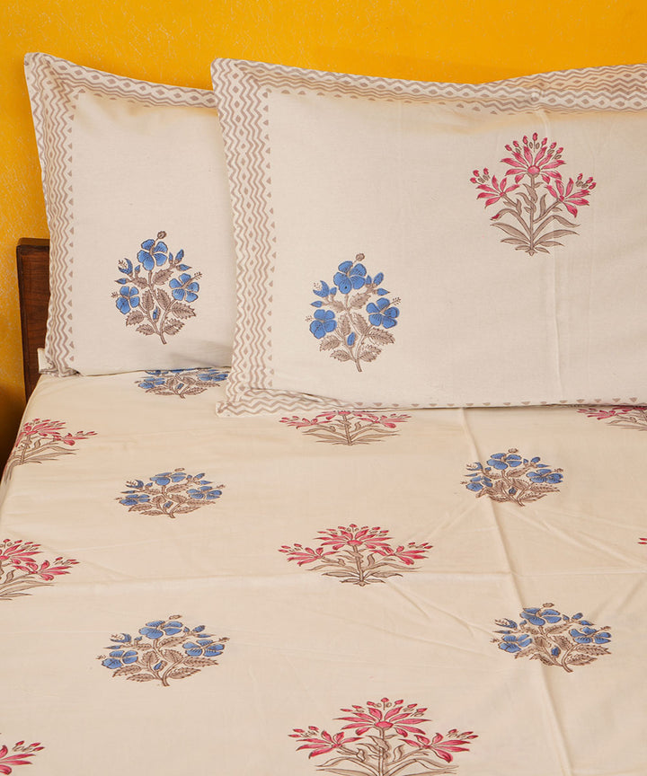 White multicolor hand block print cotton bedsheet