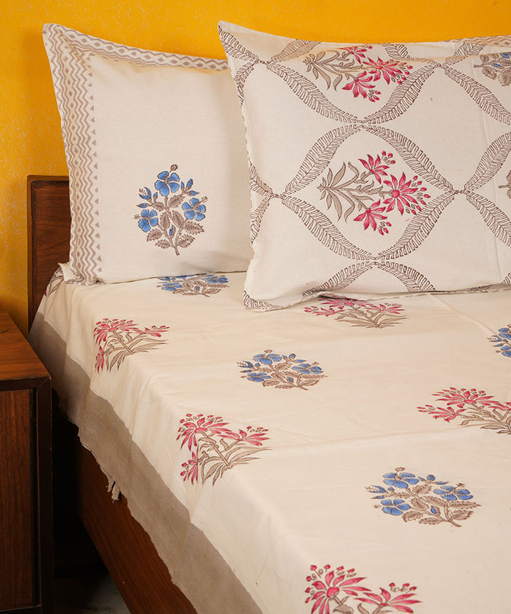 White multicolor hand block print cotton bedsheet