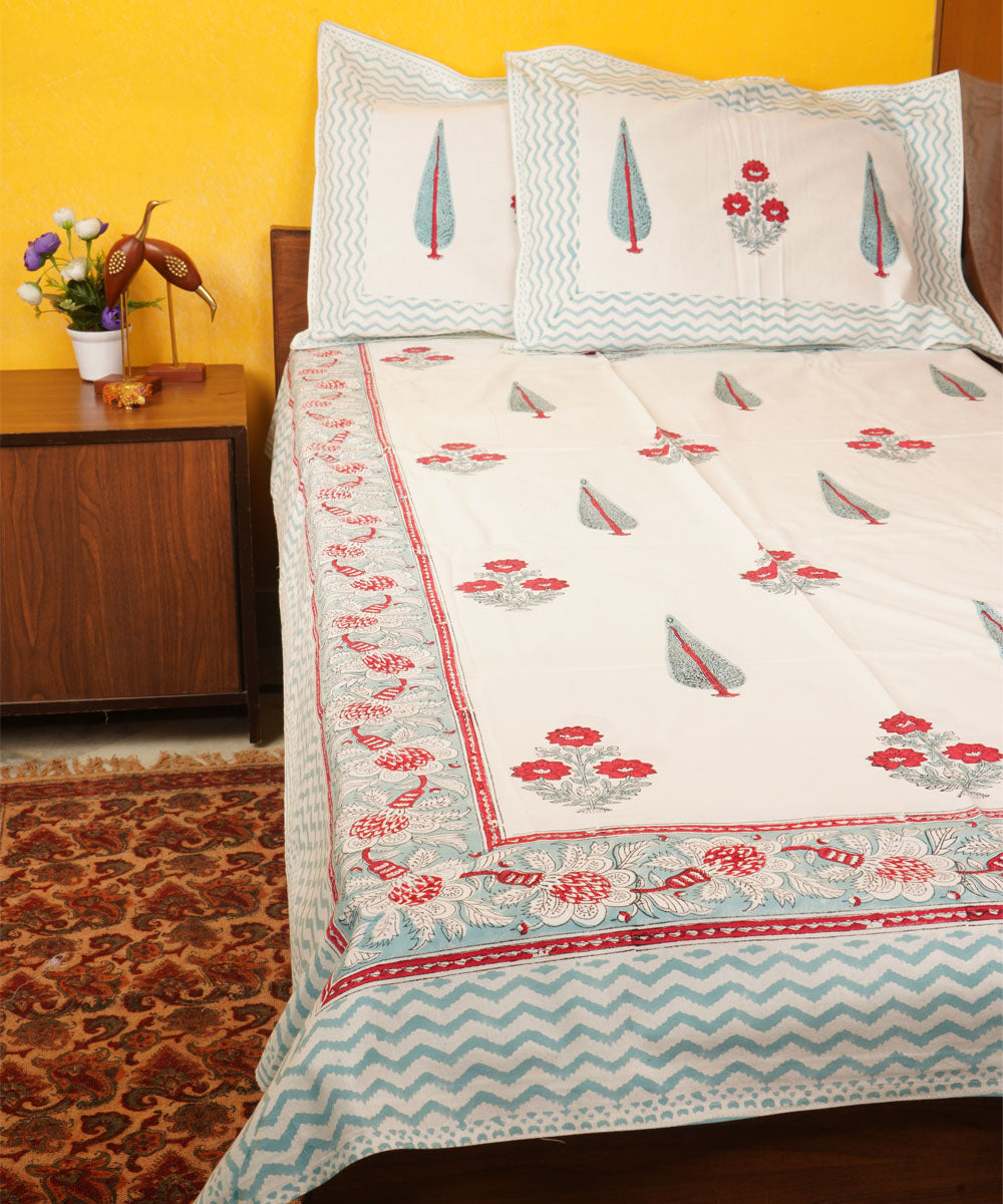 White red hand block print cotton bedsheet