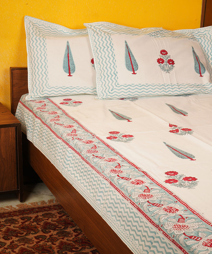 White red hand block print cotton bedsheet