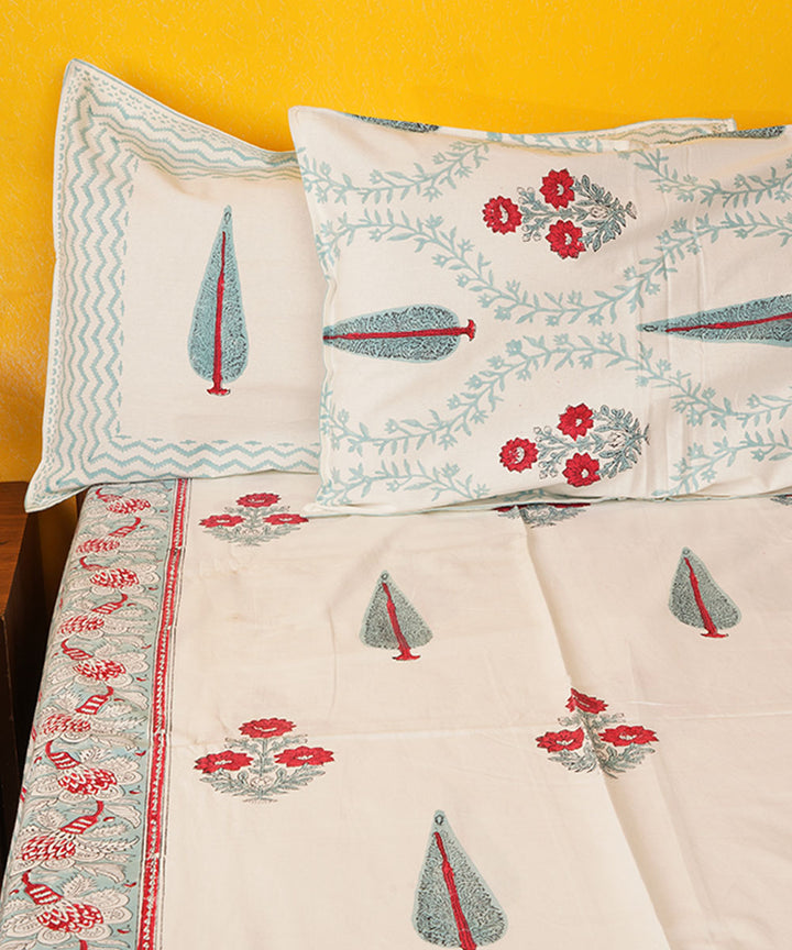 White red hand block print cotton bedsheet