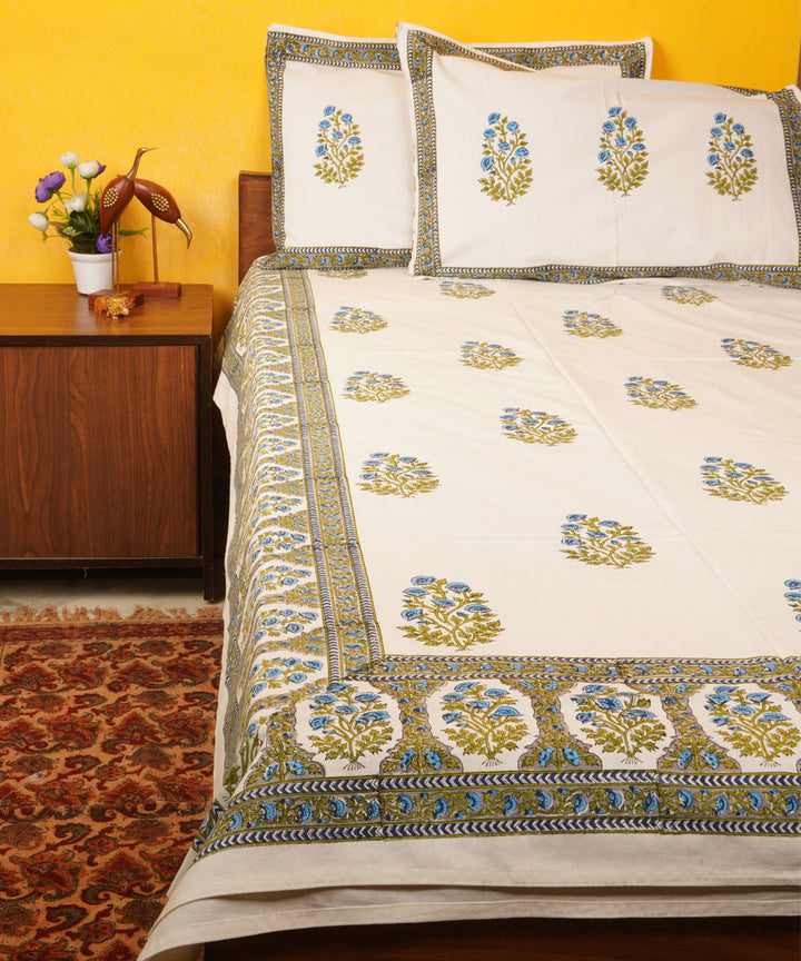 White green handblock print cotton bedsheet