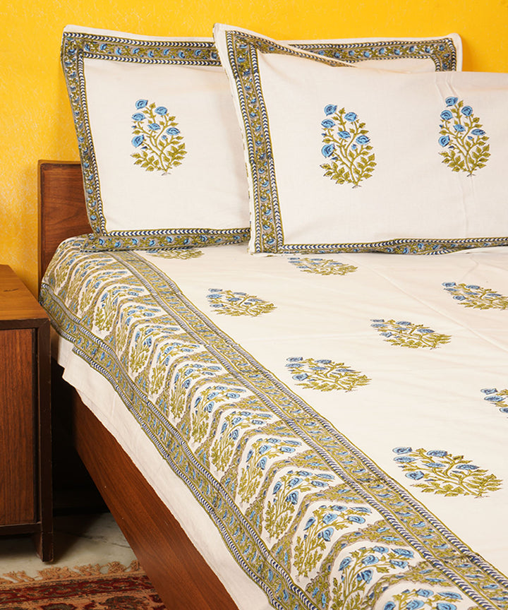 White green handblock print cotton bedsheet
