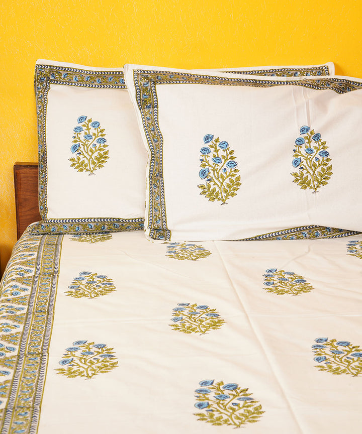 White green handblock print cotton bedsheet