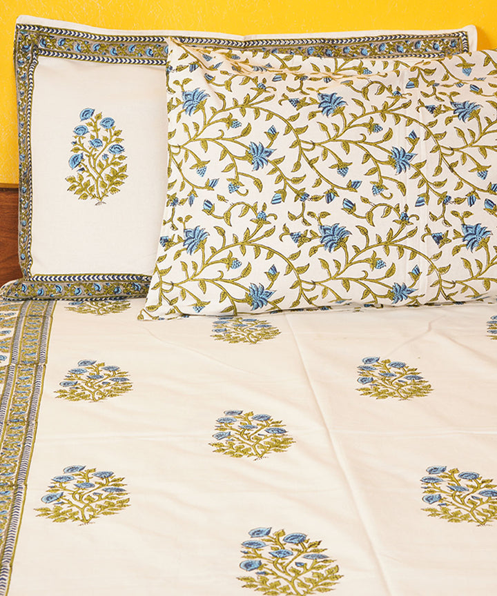 White green handblock print cotton bedsheet