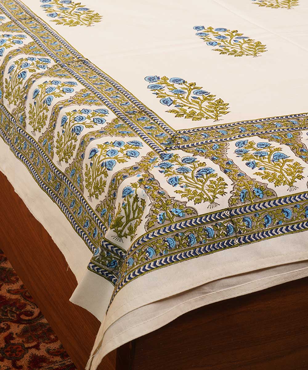 White green handblock print cotton bedsheet