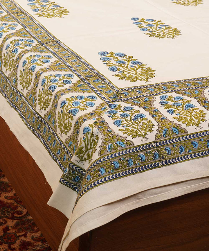 White green handblock print cotton bedsheet