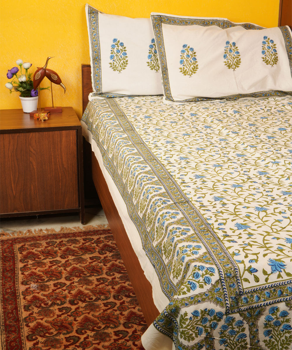 White green hand block printed cotton bedsheet