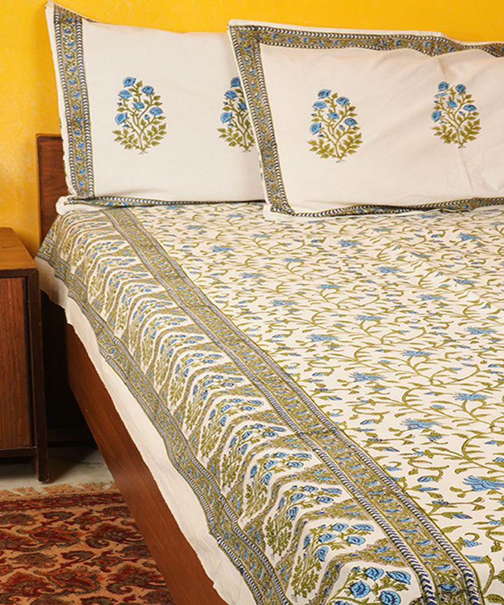 White green hand block printed cotton bedsheet