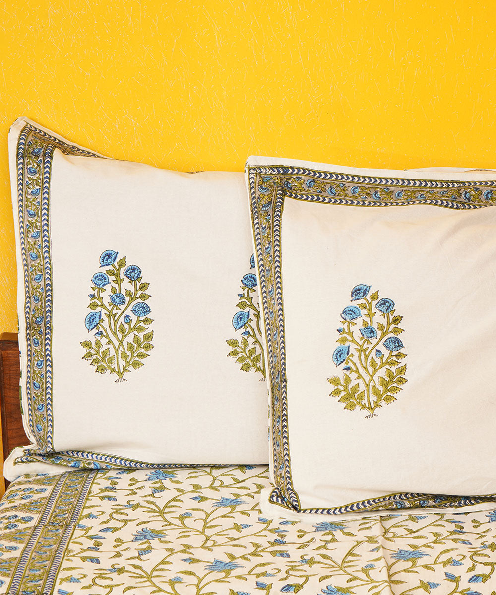 White green hand block printed cotton bedsheet