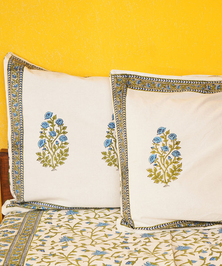 White green hand block printed cotton bedsheet