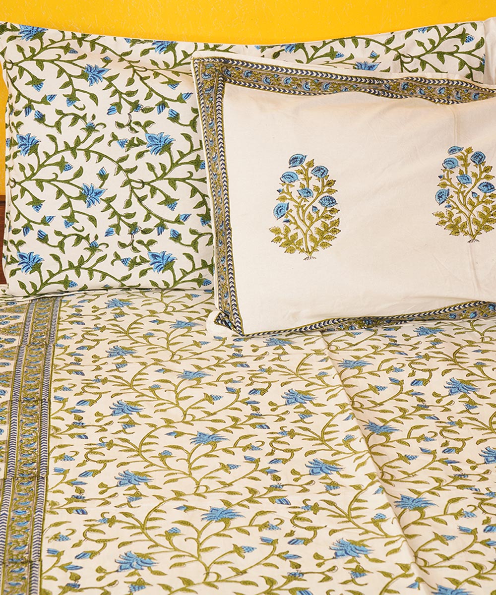 White green hand block printed cotton bedsheet