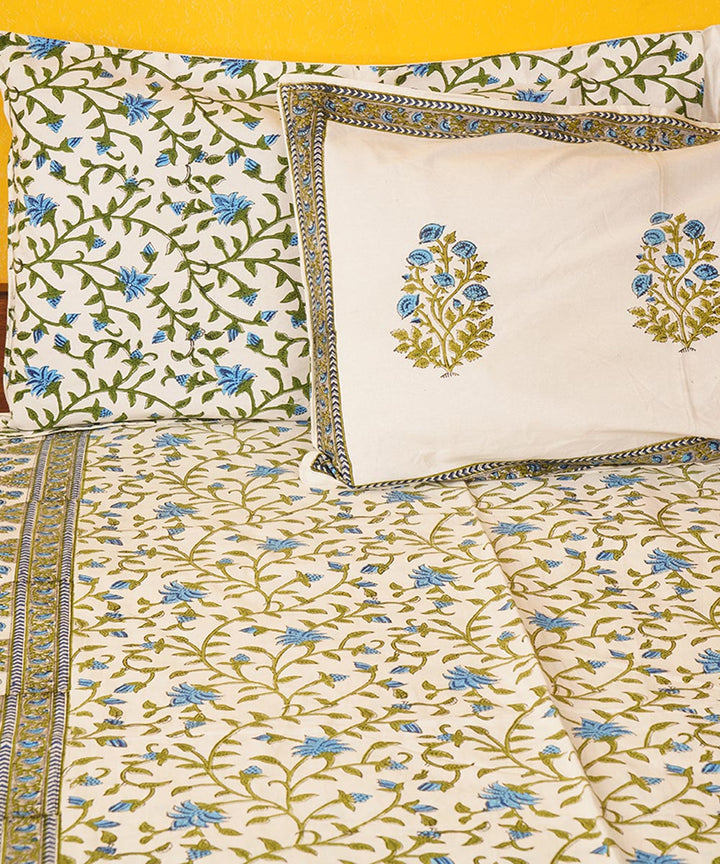 White green hand block printed cotton bedsheet