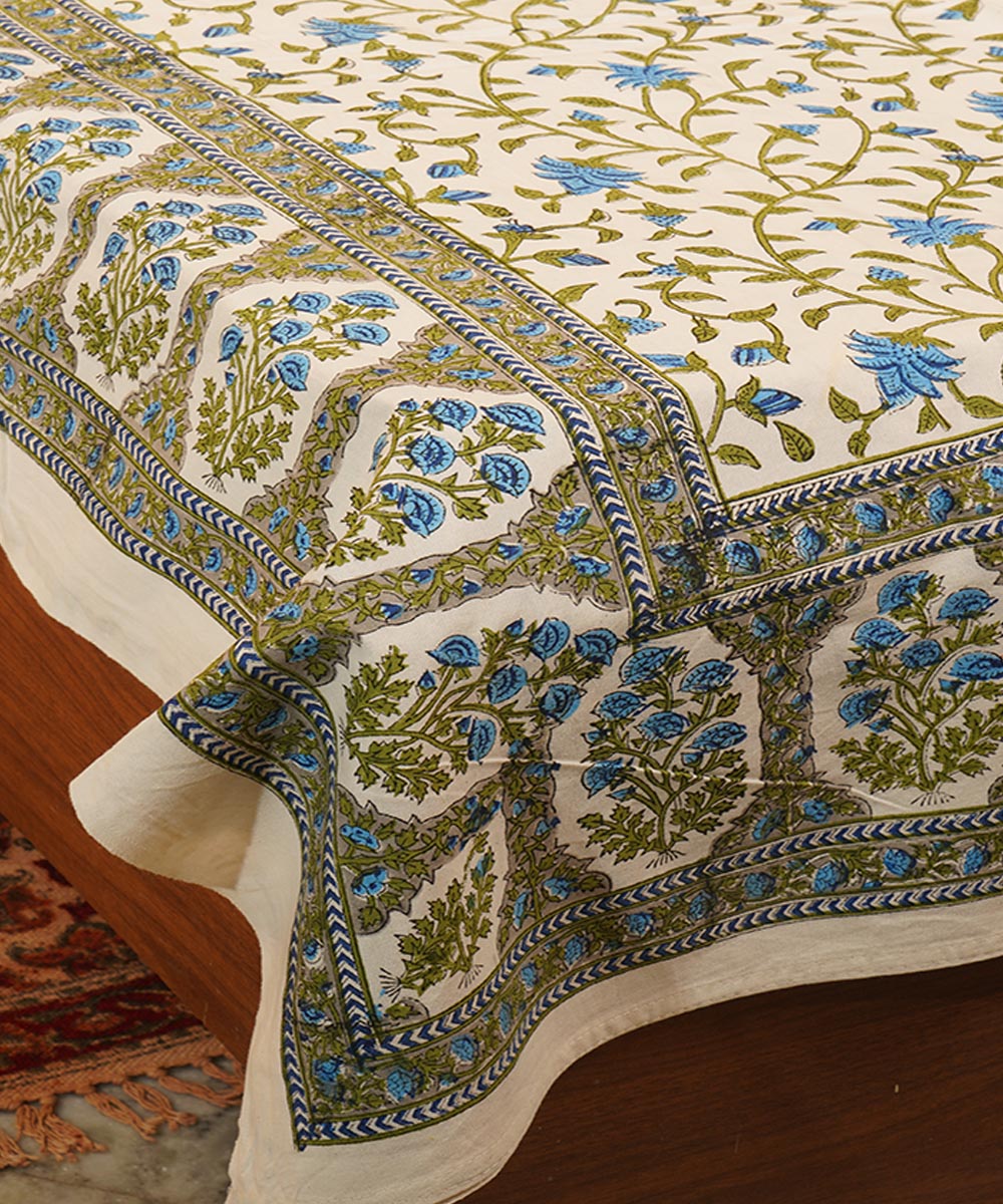 White green hand block printed cotton bedsheet