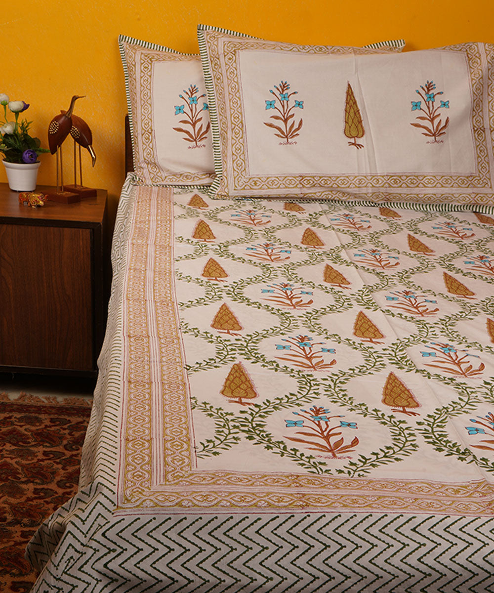 White green orange handblock print cotton bedsheet