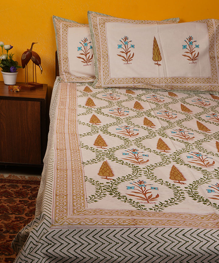 White green orange handblock print cotton bedsheet