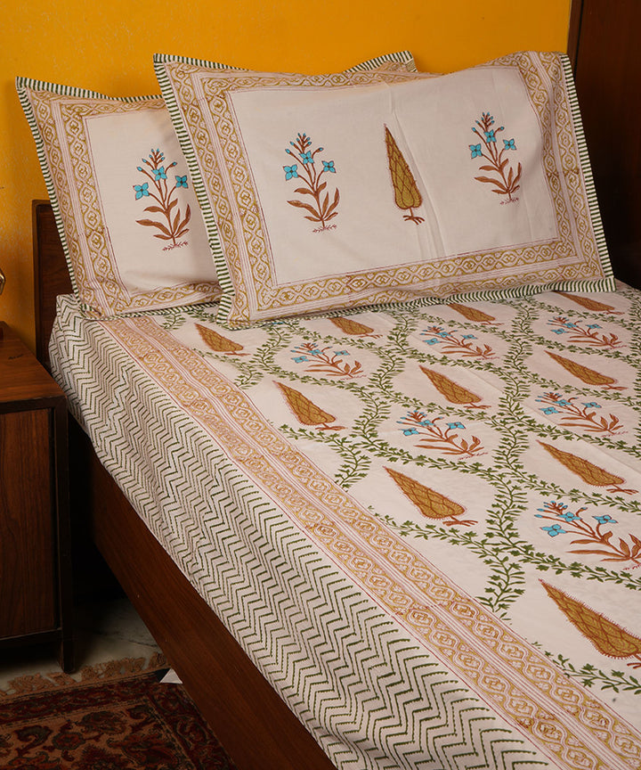 White green orange handblock print cotton bedsheet