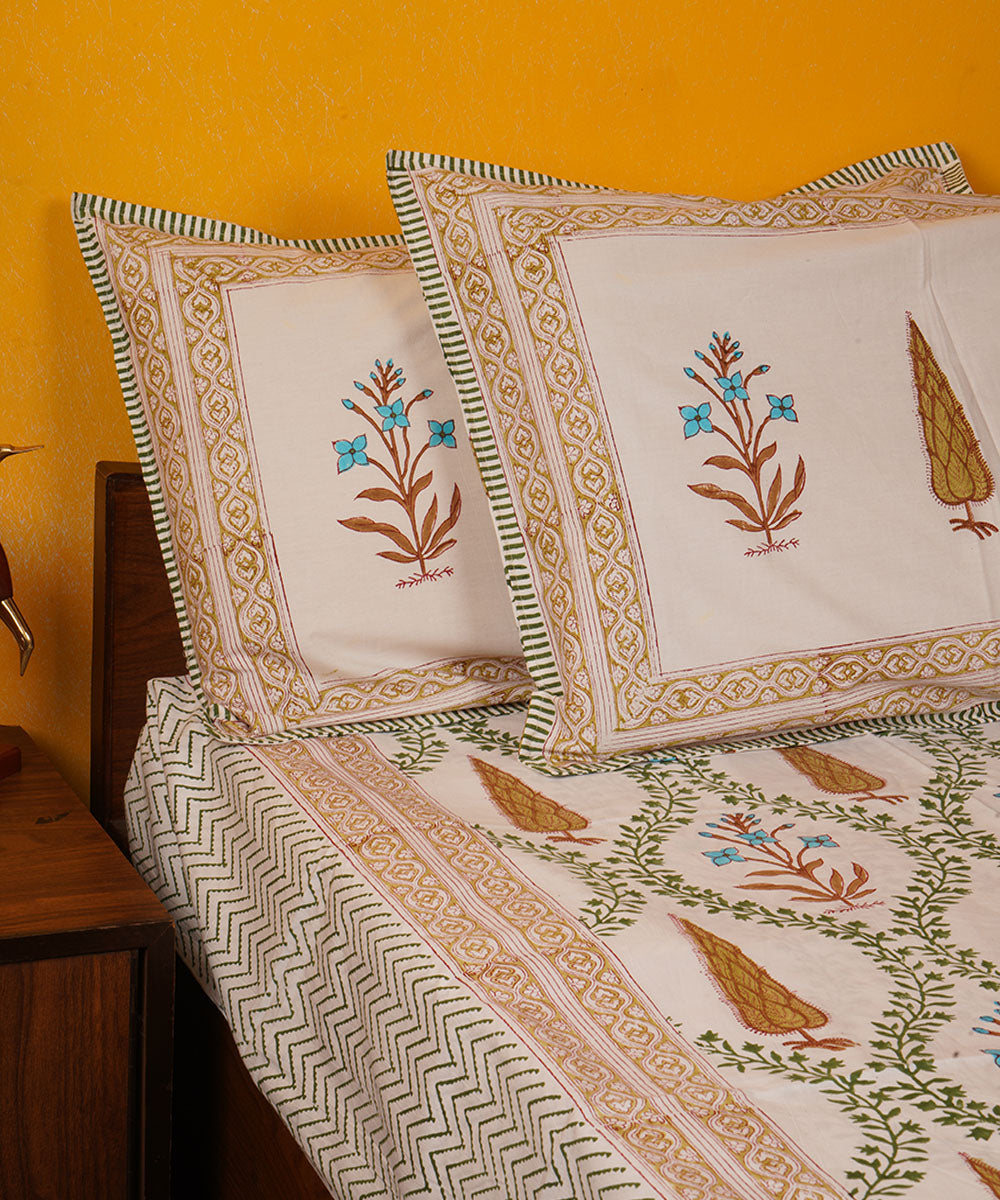 White green orange handblock print cotton bedsheet