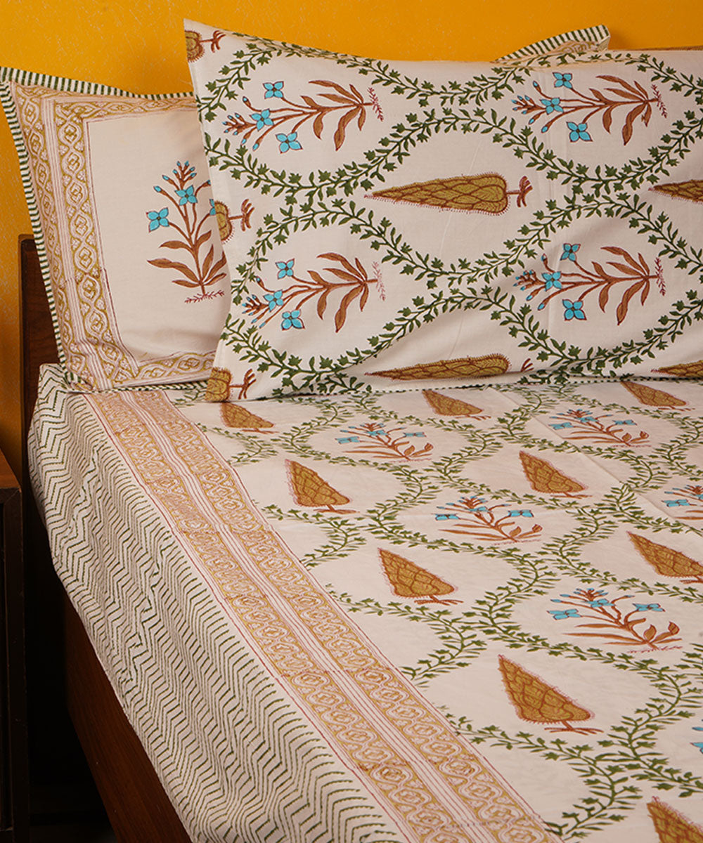White green orange handblock print cotton bedsheet