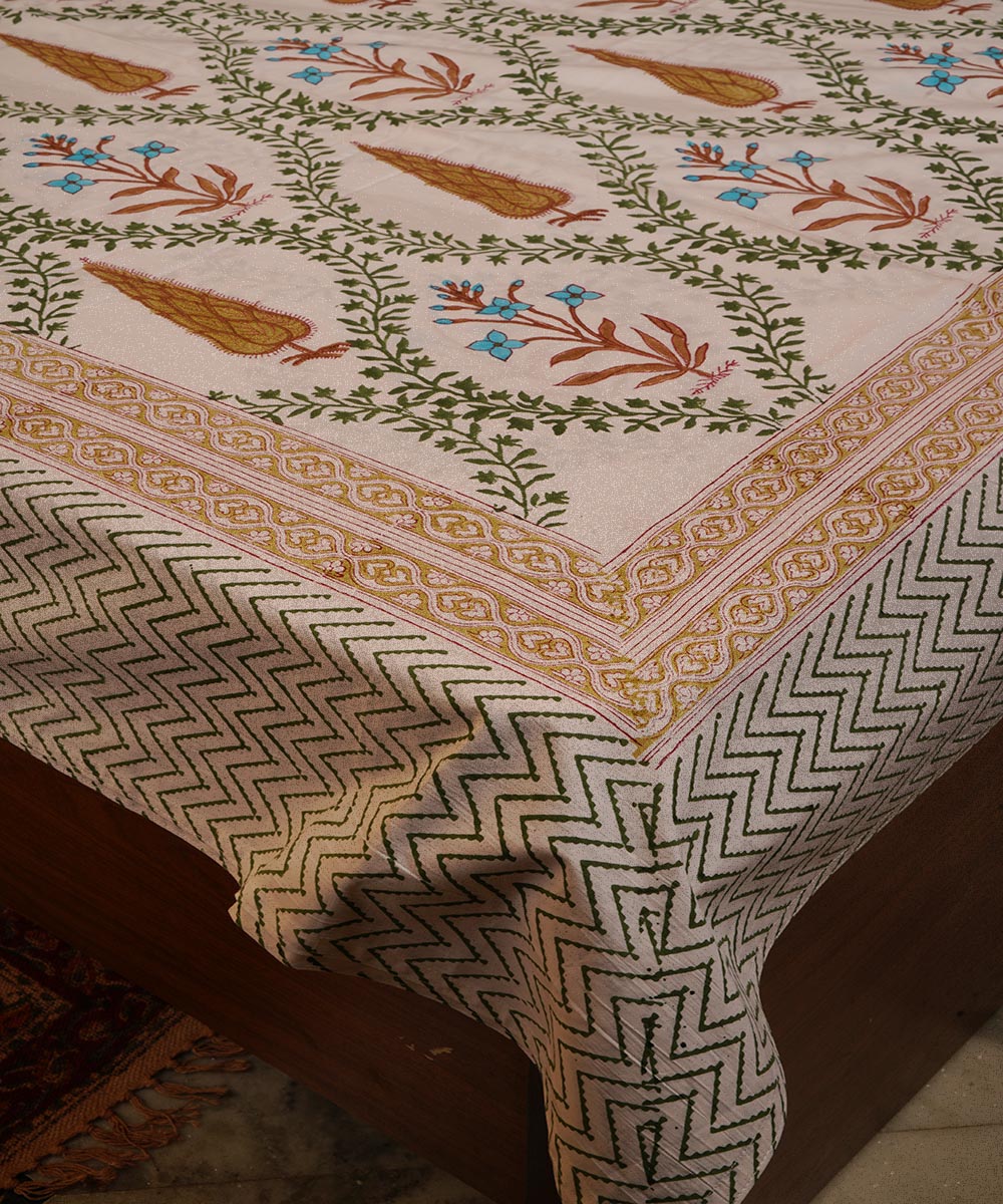 White green orange handblock print cotton bedsheet