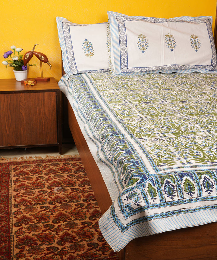 White green hand block print cotton bedsheet