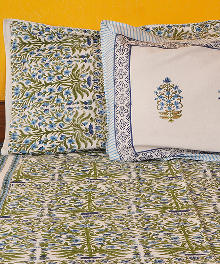 White green hand block print cotton bedsheet
