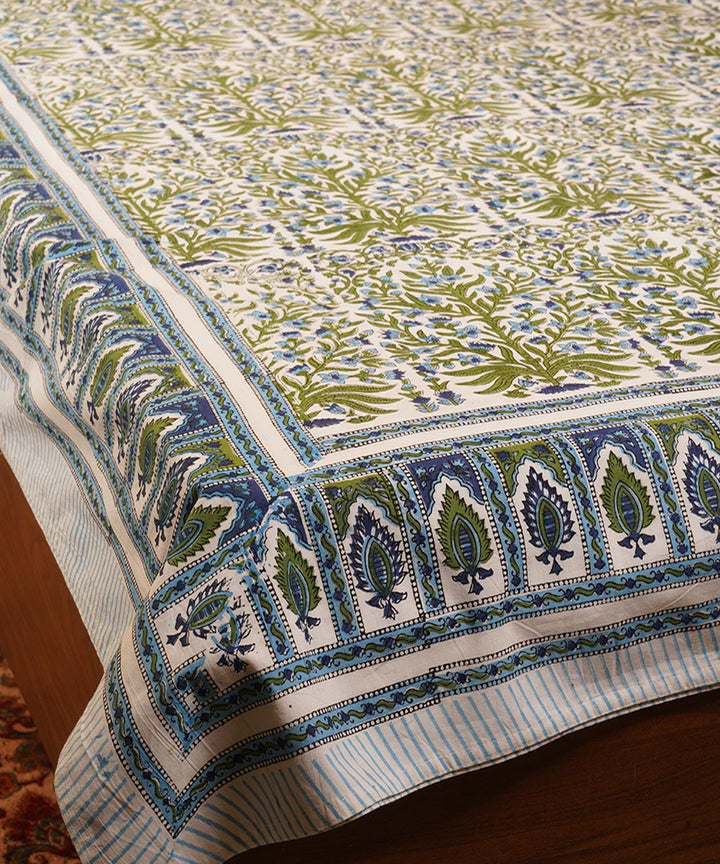 White green hand block print cotton bedsheet