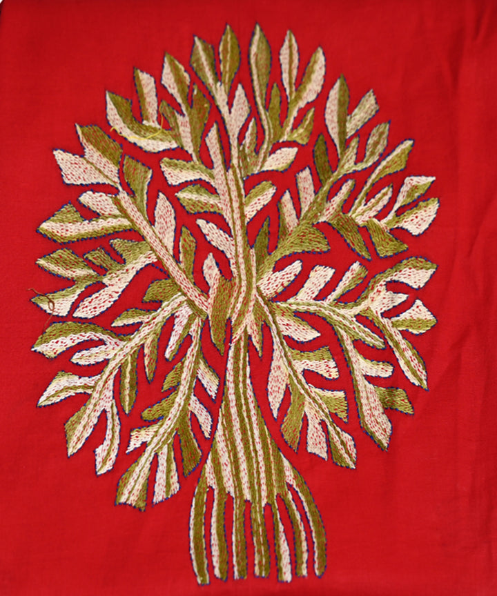 Red cotton handwoven kantha stitch blouse piece