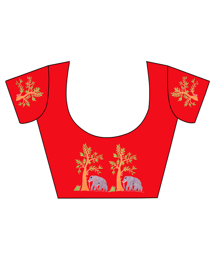 Red cotton kantha stitch handwoven blouse piece