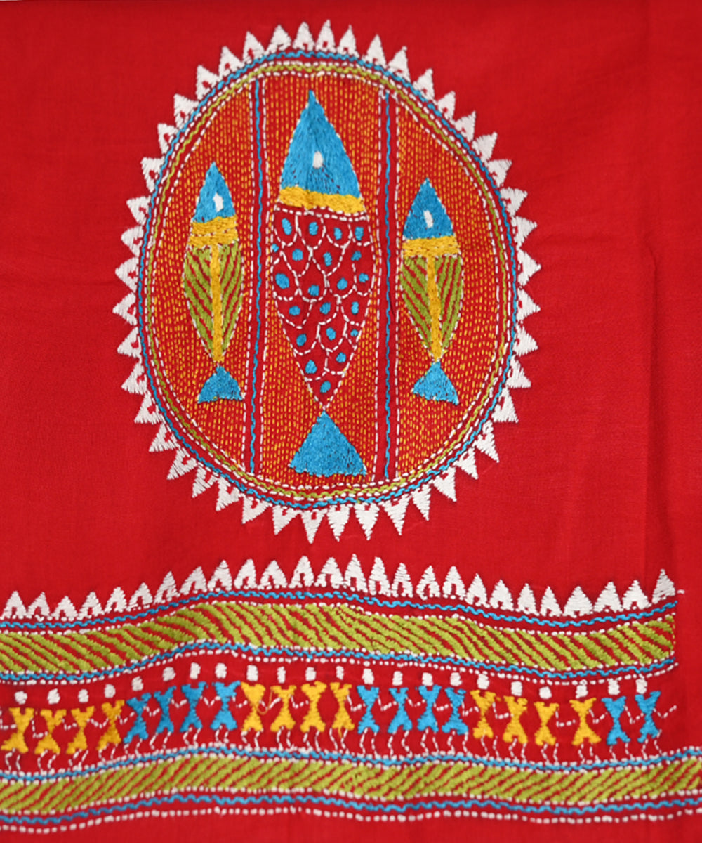 Red handloom cotton kantha stitch blouse piece