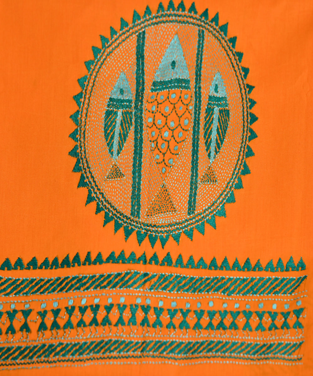 Orange handloom cotton kantha stitch blouse piece