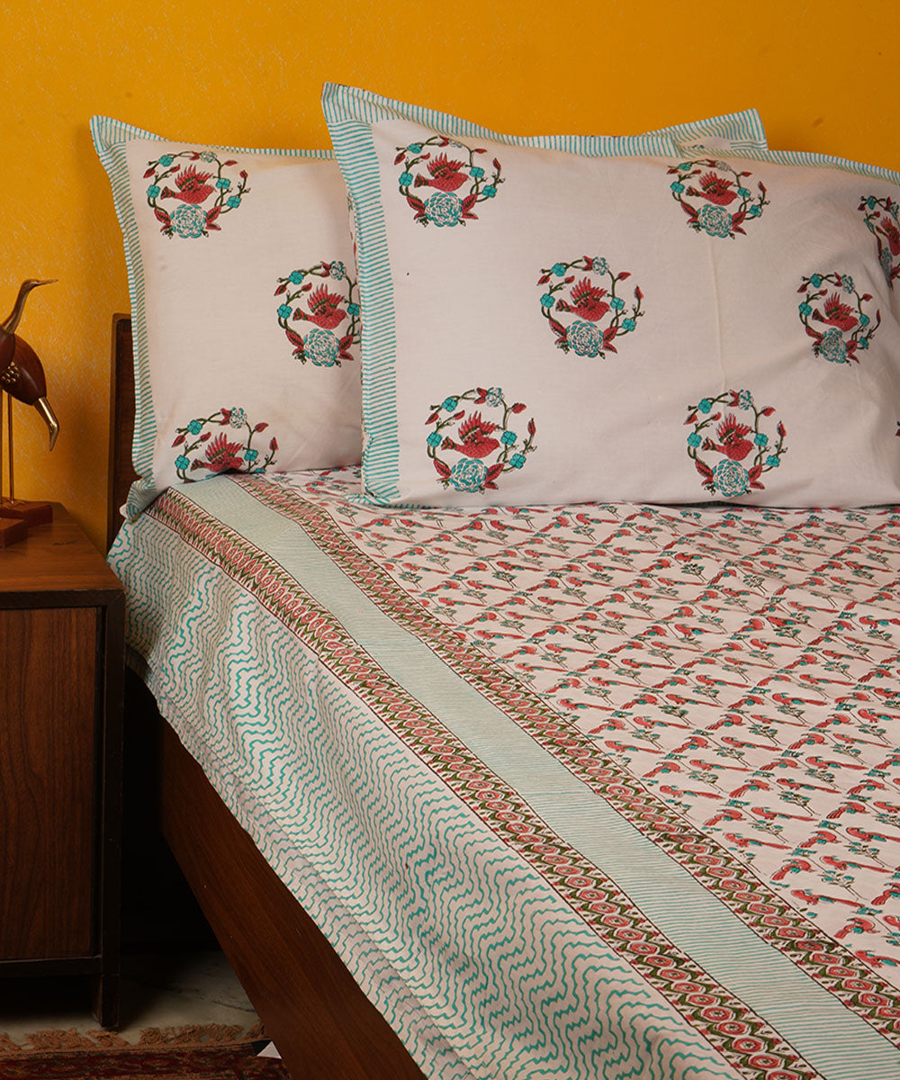 White green brown handblock print cotton bedsheet
