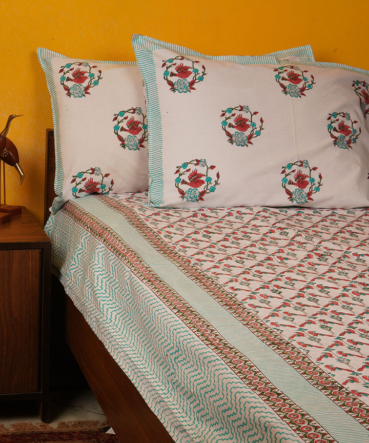 White green brown handblock print cotton bedsheet