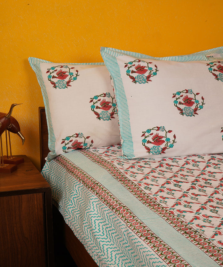 White green brown handblock print cotton bedsheet