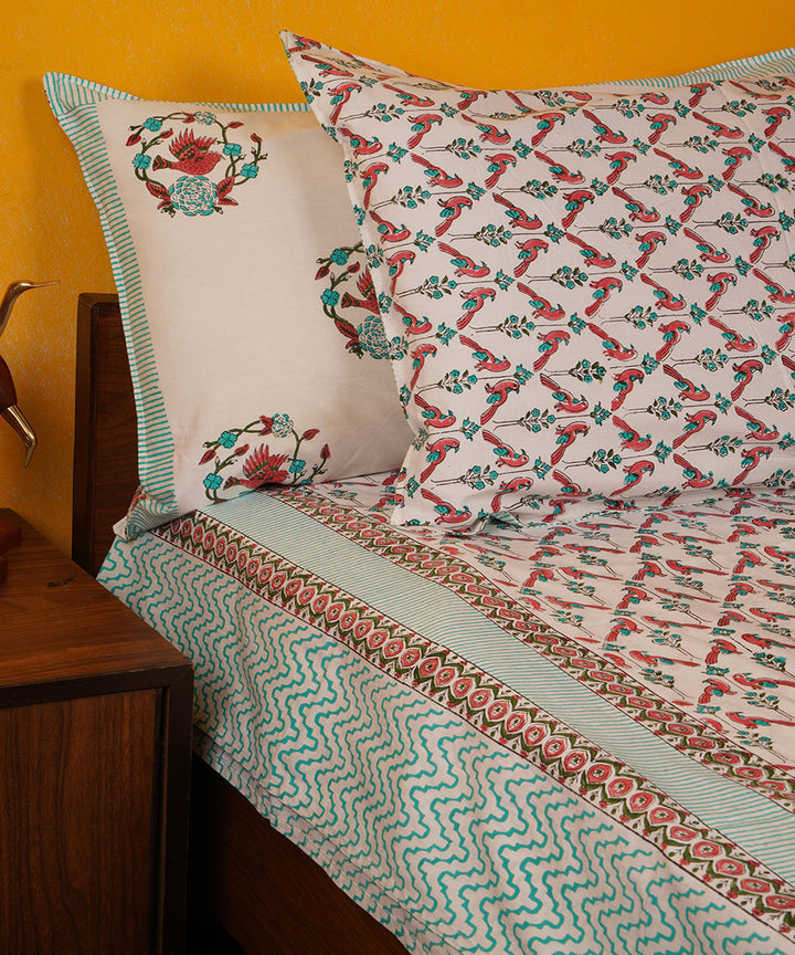 White green brown handblock print cotton bedsheet