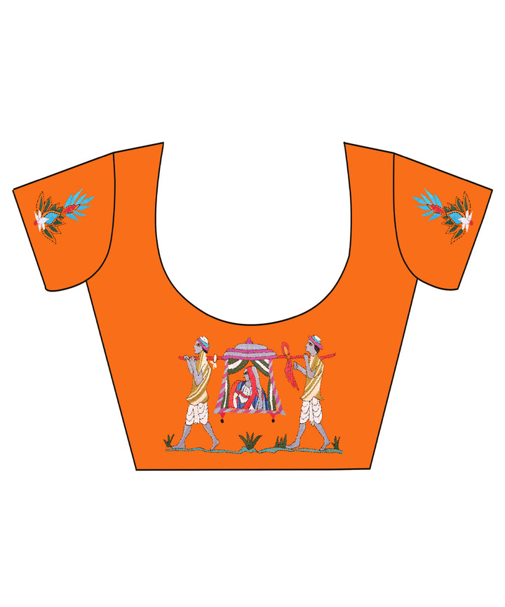 Orange handwoven kantha stitch cotton blouse piece