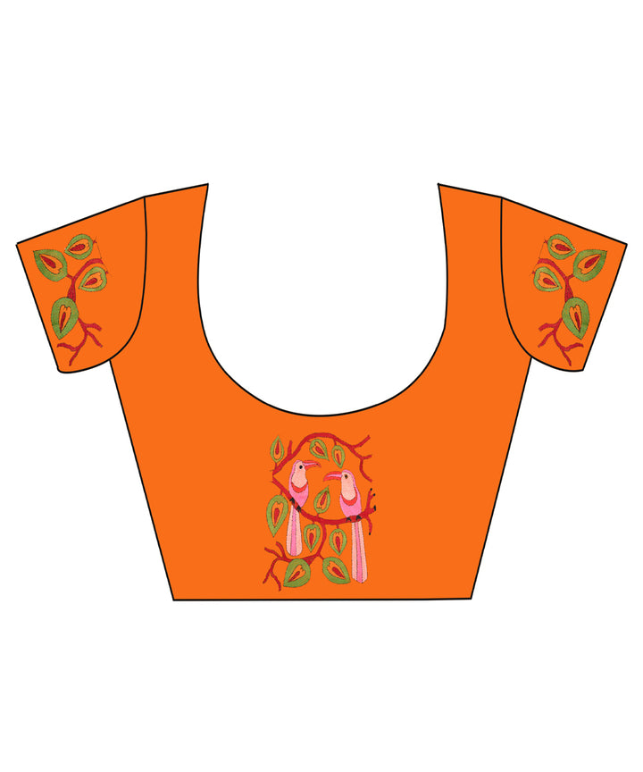 Orange handwoven cotton kantha stitch blouse piece