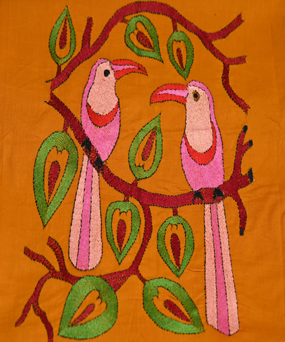Orange handwoven cotton kantha stitch blouse piece