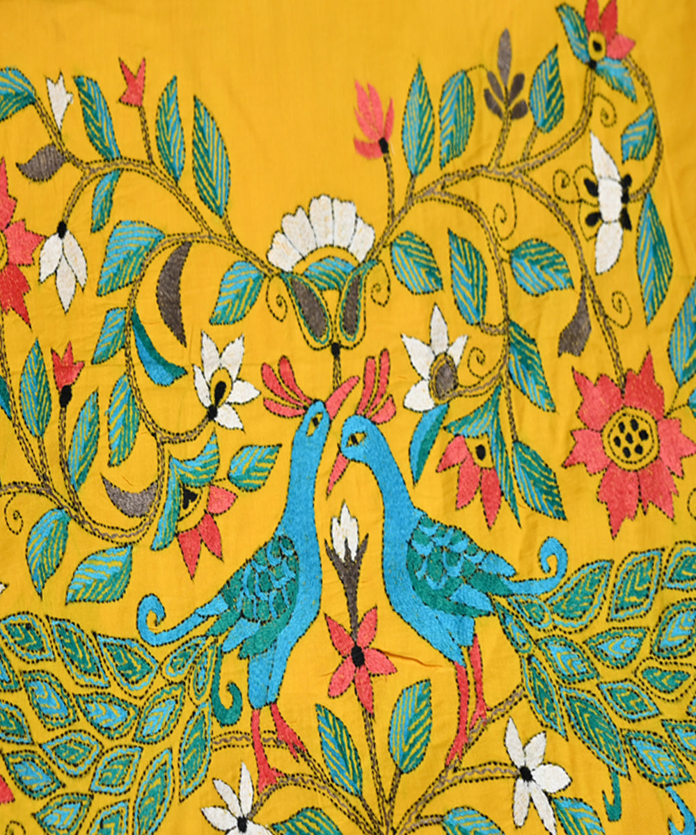 Yellow handloom cotton kantha stitch blouse piece