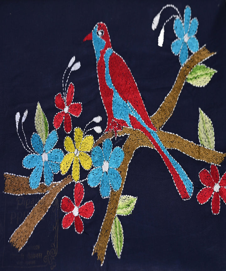 Black kantha stitch cotton handwoven blouse piece
