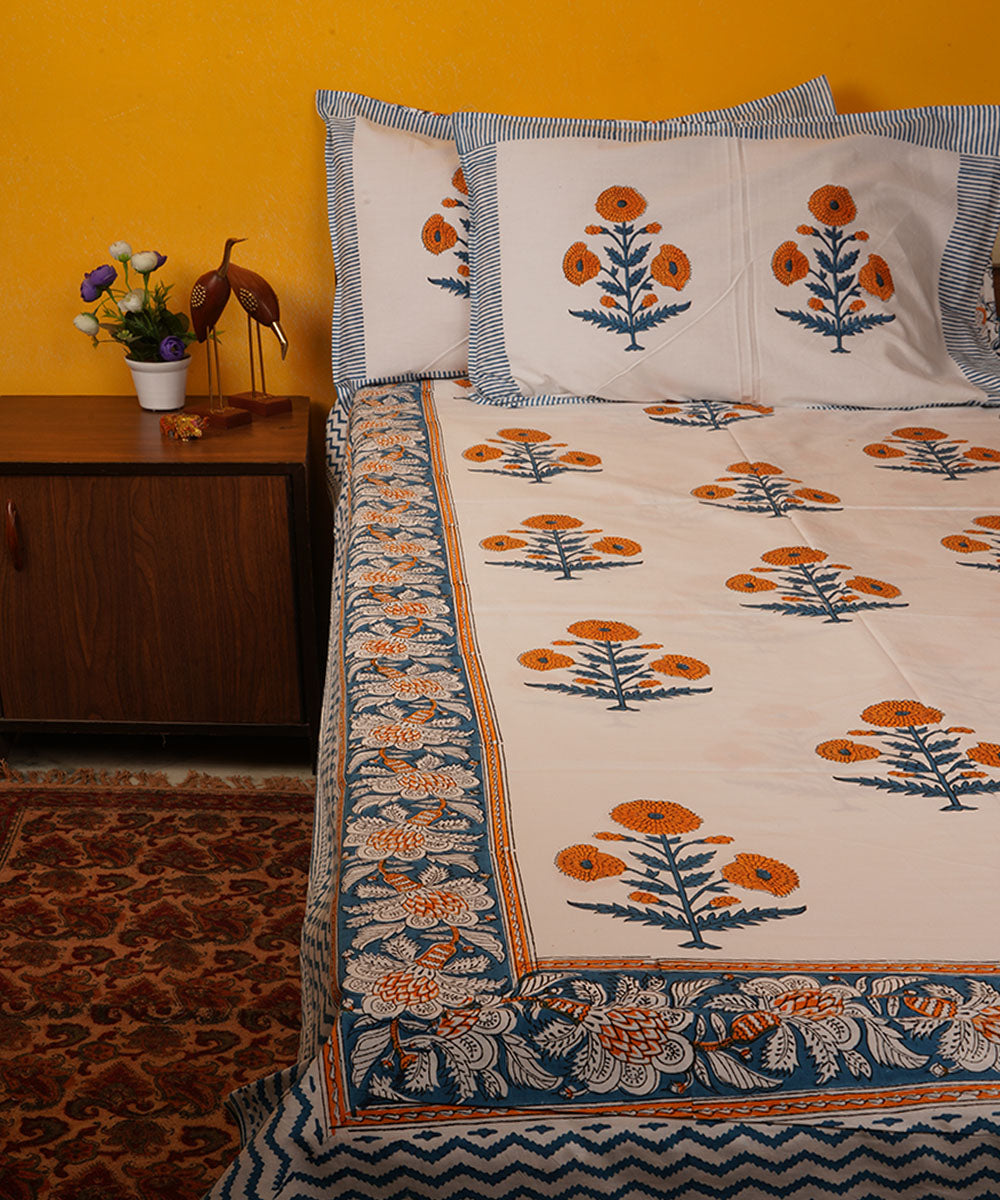 White blue orange handblock print cotton bedsheet