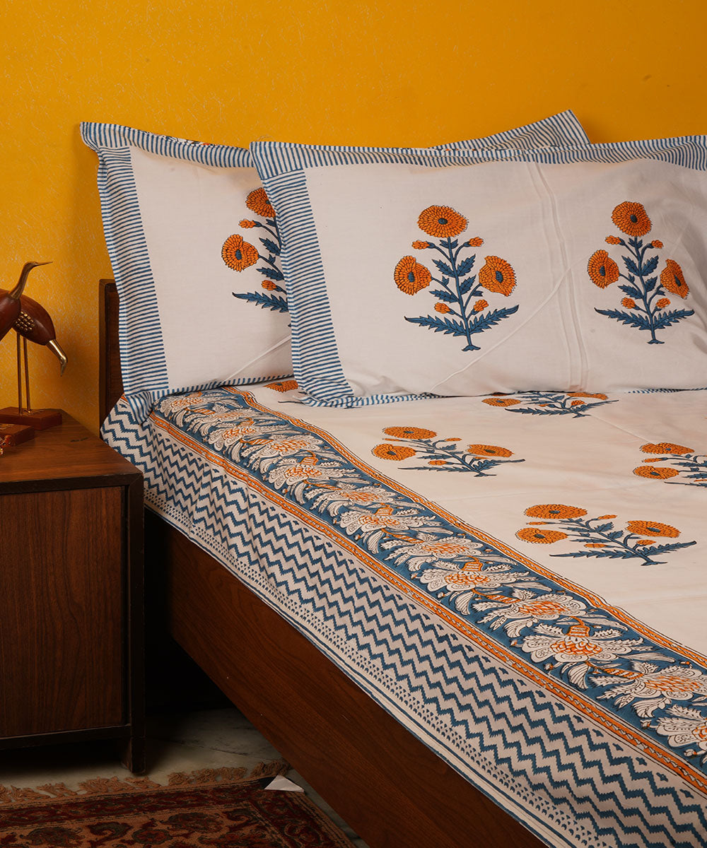 White blue orange handblock print cotton bedsheet