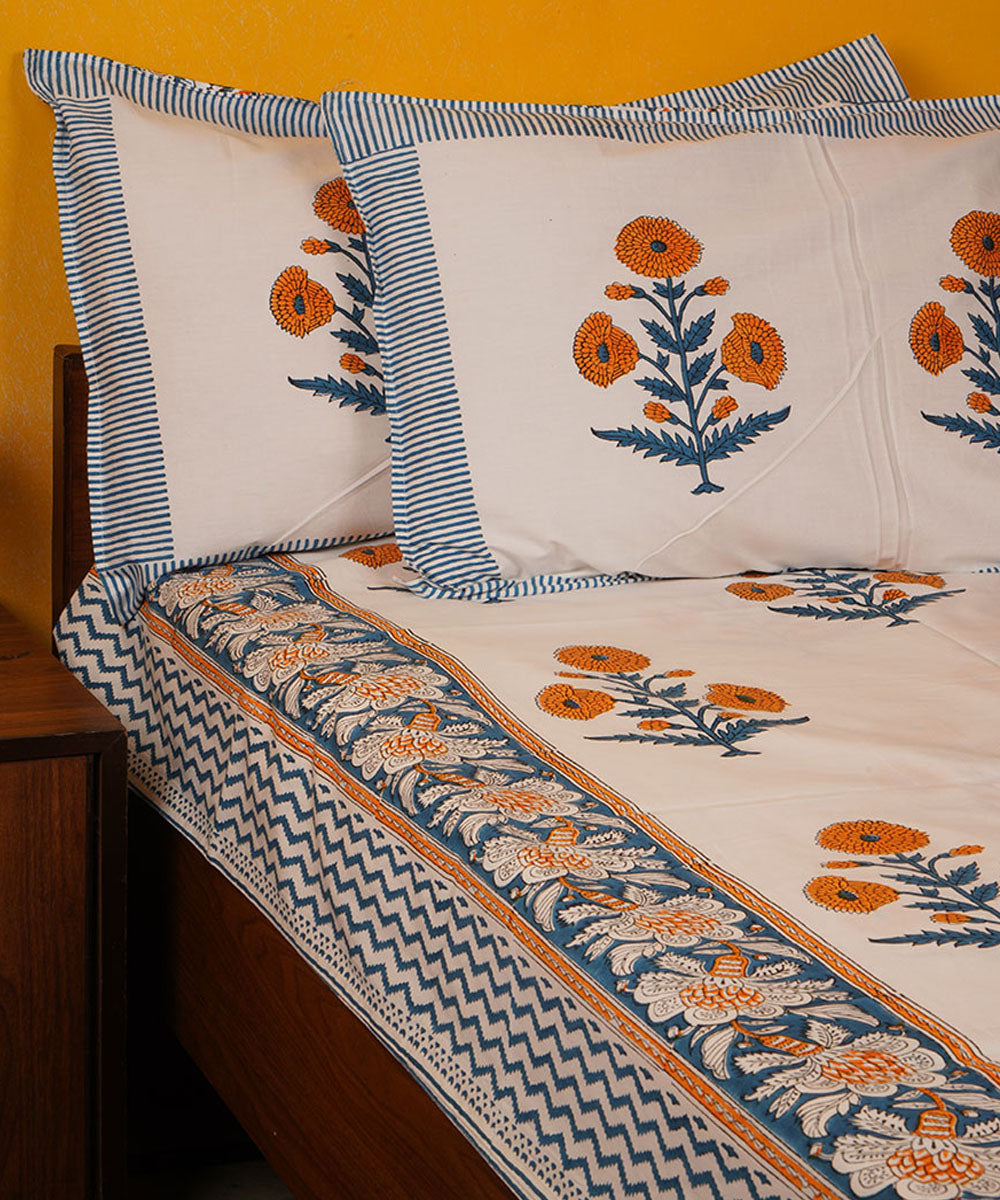 White blue orange handblock print cotton bedsheet