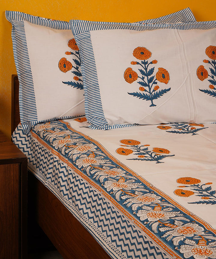 White blue orange handblock print cotton bedsheet