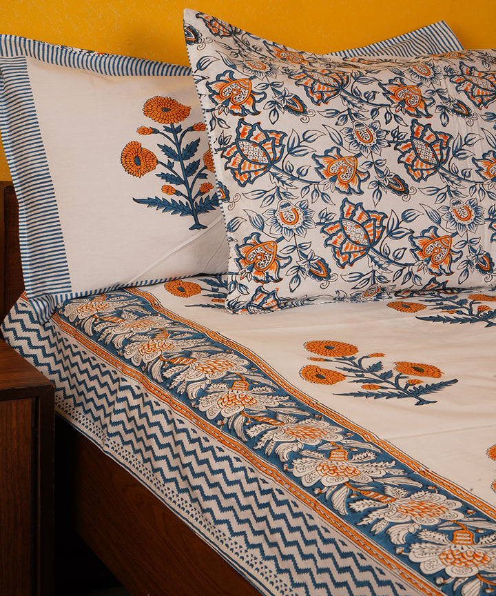 White blue orange handblock print cotton bedsheet